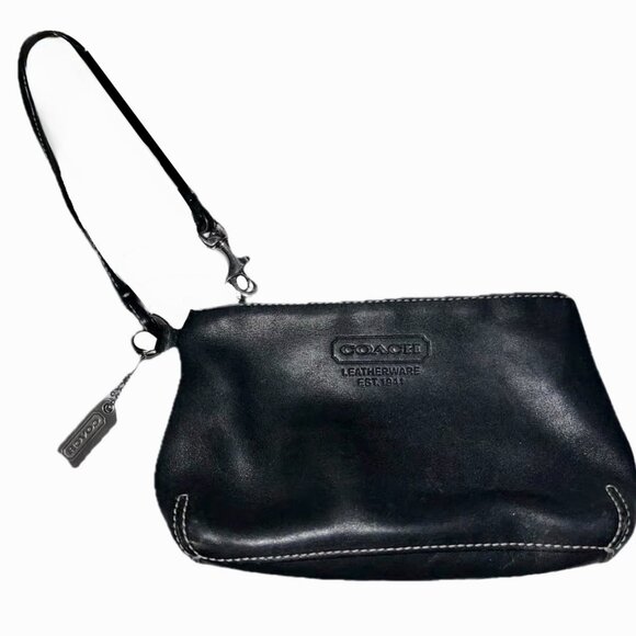 Coach Small Black Leather Wristlet Top Zip Closure Adjustable Strap 7"x4.5" EUC - Picture 2 of 14